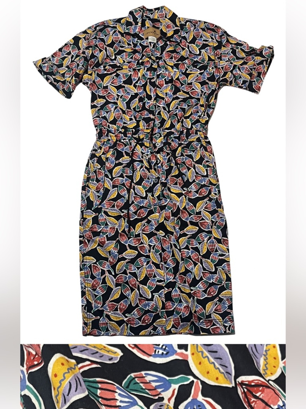 Vintage Liz Claiborne 4 Black Multicolor Floral Shirt Dress Button Front Cotton
